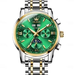 OLEVS Men Mechanical Watch Fashion Casual Business Wristwatch Automatic Self-winding Moon phase Luminous Calendar Steel Watch