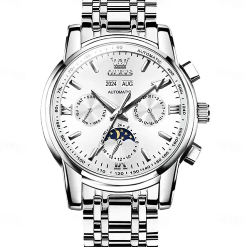 OLEVS Men Mechanical Watch Fashion Casual Business Wristwatch Automatic Self-winding Moon phase Luminous Calendar Steel Watch