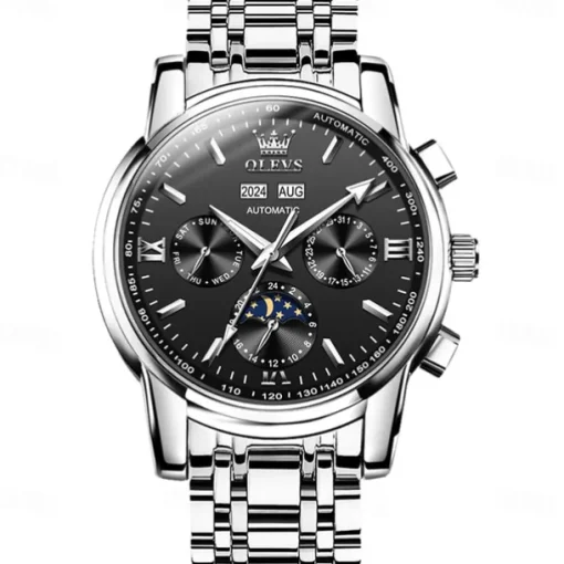 OLEVS Men Mechanical Watch Fashion Casual Business Wristwatch Automatic Self-winding Moon phase Luminous Calendar Steel Watch