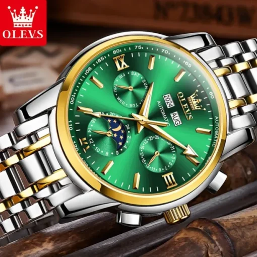 OLEVS Men Mechanical Watch Fashion Casual Business Wristwatch Automatic Self-winding Moon phase Luminous Calendar Steel Watch
