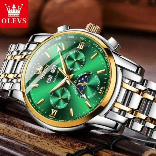 OLEVS Men Mechanical Watch Fashion Casual Business Wristwatch Automatic Self-winding Moon phase Luminous Calendar Steel Watch