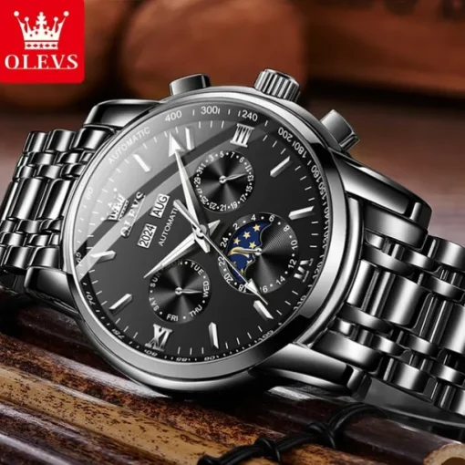 OLEVS Men Mechanical Watch Fashion Casual Business Wristwatch Automatic Self-winding Moon phase Luminous Calendar Steel Watch