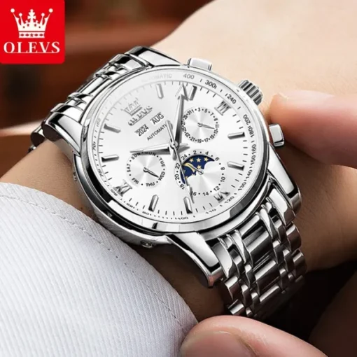 OLEVS Men Mechanical Watch Fashion Casual Business Wristwatch Automatic Self-winding Moon phase Luminous Calendar Steel Watch