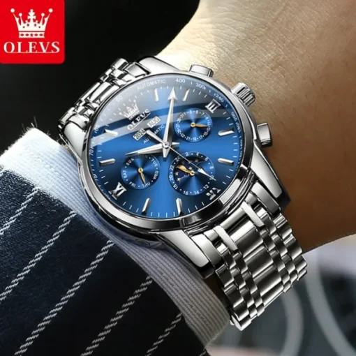 OLEVS Men Mechanical Watch Fashion Casual Business Wristwatch Automatic Self-winding Moon phase Luminous Calendar Steel Watch