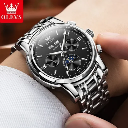 OLEVS Men Mechanical Watch Fashion Casual Business Wristwatch Automatic Self-winding Moon phase Luminous Calendar Steel Watch