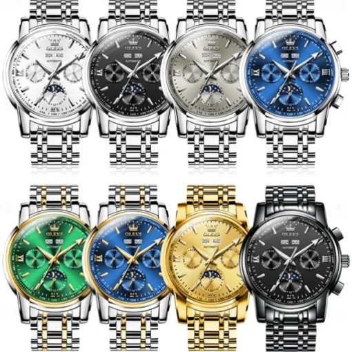 OLEVS Men Mechanical Watch Fashion Casual Business Wristwatch Automatic Self-winding Moon phase Luminous Calendar Steel Watch