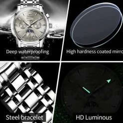 OLEVS Men Mechanical Watch Fashion Casual Business Wristwatch Automatic Self-winding Moon phase Luminous Calendar Steel Watch