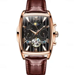 OLEVS Men Mechanical Watch Fashion Casual Wristwatch Automatic Self-winding Moon phase Luminous Calendar Leather Watch