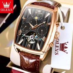 OLEVS Men Mechanical Watch Fashion Casual Wristwatch Automatic Self-winding Moon phase Luminous Calendar Leather Watch