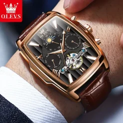 OLEVS Men Mechanical Watch Fashion Casual Wristwatch Automatic Self-winding Moon phase Luminous Calendar Leather Watch