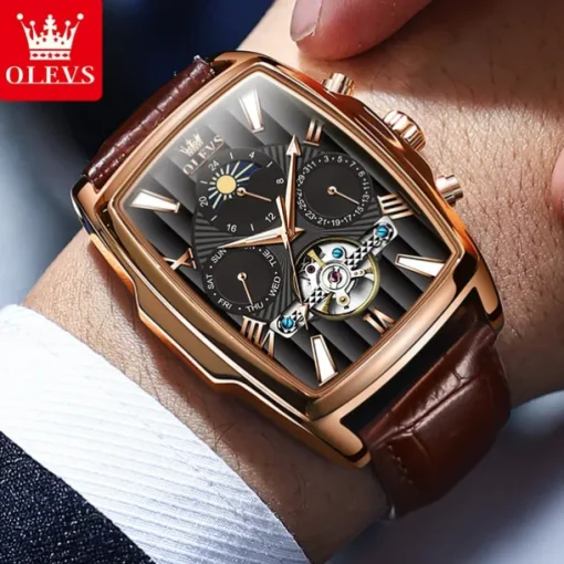 OLEVS Men Mechanical Watch Fashion Casual Wristwatch Automatic Self-winding Moon phase Luminous Calendar Leather Watch