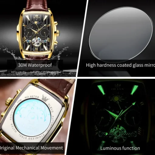 OLEVS Men Mechanical Watch Fashion Casual Wristwatch Automatic Self-winding Moon phase Luminous Calendar Leather Watch