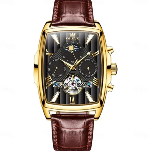 OLEVS Men Mechanical Watch Fashion Casual Wristwatch Automatic Self-winding Moon phase Luminous Calendar Leather Watch