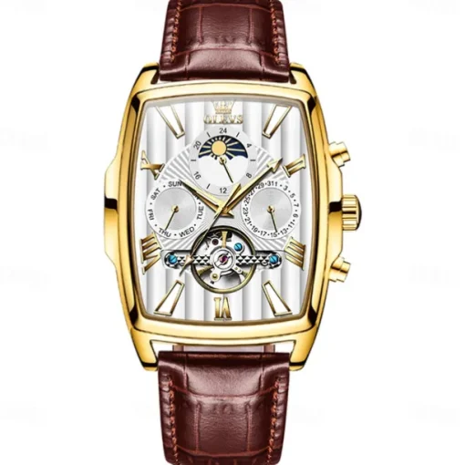 OLEVS Men Mechanical Watch Fashion Casual Wristwatch Automatic Self-winding Moon phase Luminous Calendar Leather Watch