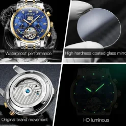 OLEVS Men Mechanical Watch Fashion Casual Wristwatch Automatic Self-winding Tourbillon Luminous Calendar Steel Watch