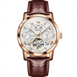 OLEVS Men Mechanical Watch Fashion Casual Wristwatch Automatic Self-winding Luminous Calendar Date Week Leather Watch