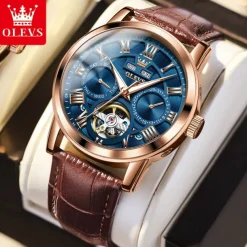 OLEVS Men Mechanical Watch Fashion Casual Wristwatch Automatic Self-winding Luminous Calendar Date Week Leather Watch
