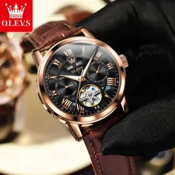 OLEVS Men Mechanical Watch Fashion Casual Wristwatch Automatic Self-winding Luminous Calendar Date Week Leather Watch