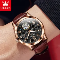 OLEVS Men Mechanical Watch Fashion Casual Wristwatch Automatic Self-winding Luminous Calendar Date Week Leather Watch