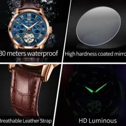 OLEVS Men Mechanical Watch Fashion Casual Wristwatch Automatic Self-winding Luminous Calendar Date Week Leather Watch