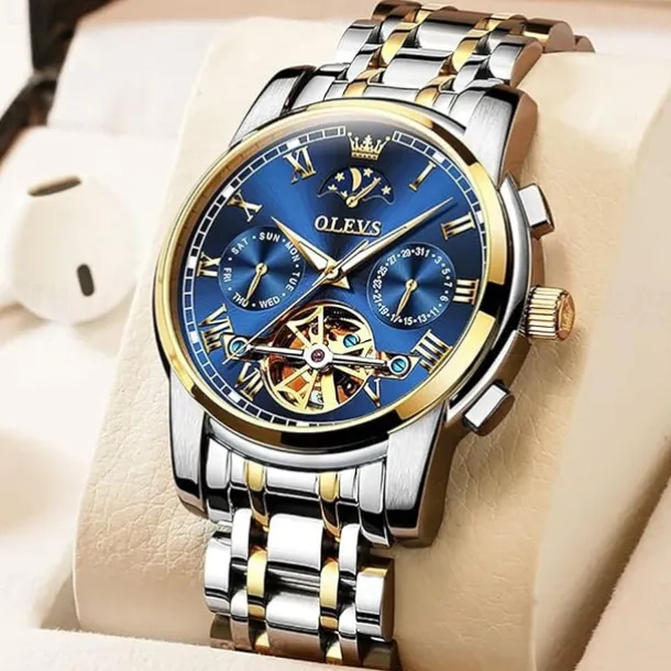 OLEVS Men Mechanical Watch Calendar Luxury Waterproof Fashion Automatic Self-winding Moon phase Luminous Stainless Steel Strap Watch