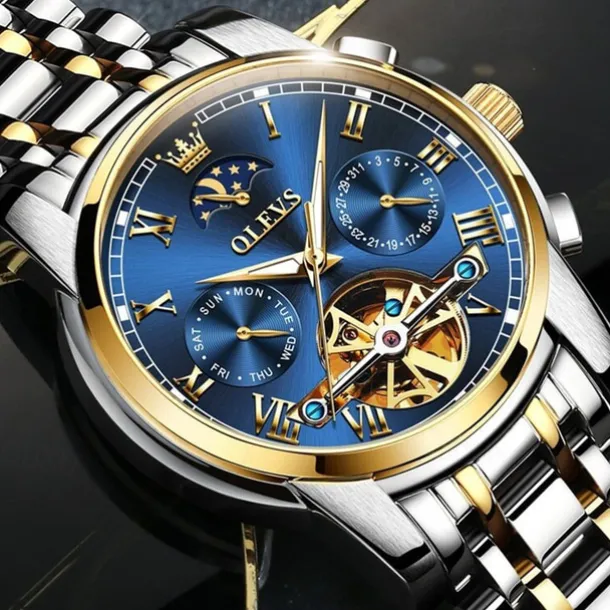 OLEVS Men Mechanical Watch Calendar Luxury Waterproof Fashion Automatic Self-winding Moon phase Luminous Stainless Steel Strap Watch