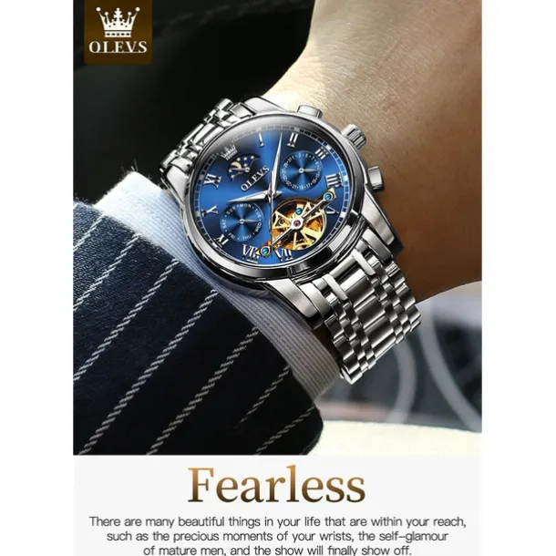 OLEVS Men Mechanical Watch Calendar Luxury Waterproof Fashion Automatic Self-winding Moon phase Luminous Stainless Steel Strap Watch