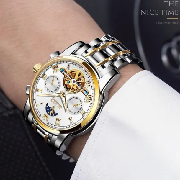 OLEVS Men Mechanical Watch Calendar Luxury Waterproof Fashion Automatic Self-winding Moon phase Luminous Stainless Steel Strap Watch