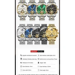 OLEVS Men Mechanical Watch Calendar Luxury Waterproof Fashion Automatic Self-winding Moon phase Luminous Stainless Steel Strap Watch