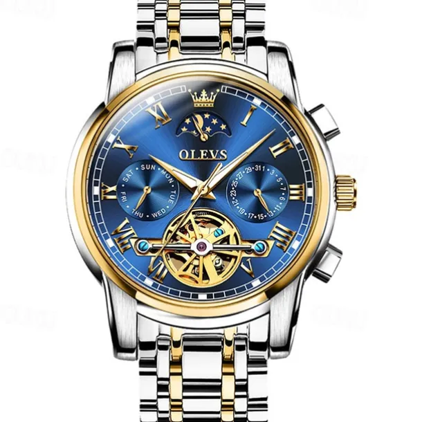 OLEVS Men Mechanical Watch Calendar Luxury Waterproof Fashion Automatic Self-winding Moon phase Luminous Stainless Steel Strap Watch