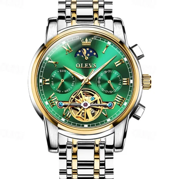 OLEVS Men Mechanical Watch Calendar Luxury Waterproof Fashion Automatic Self-winding Moon phase Luminous Stainless Steel Strap Watch