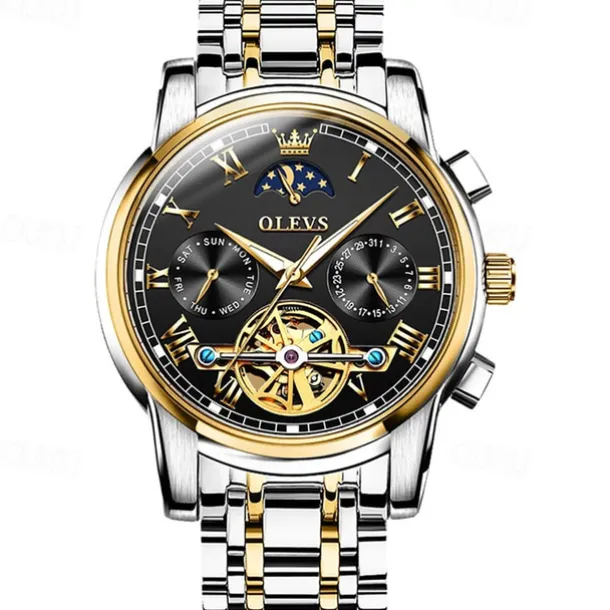 OLEVS Men Mechanical Watch Calendar Luxury Waterproof Fashion Automatic Self-winding Moon phase Luminous Stainless Steel Strap Watch