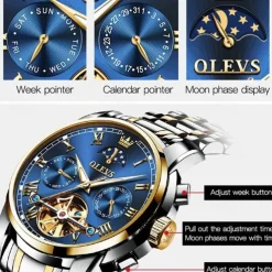 OLEVS Men Mechanical Watch Calendar Luxury Waterproof Fashion Automatic Self-winding Moon phase Luminous Stainless Steel Strap Watch