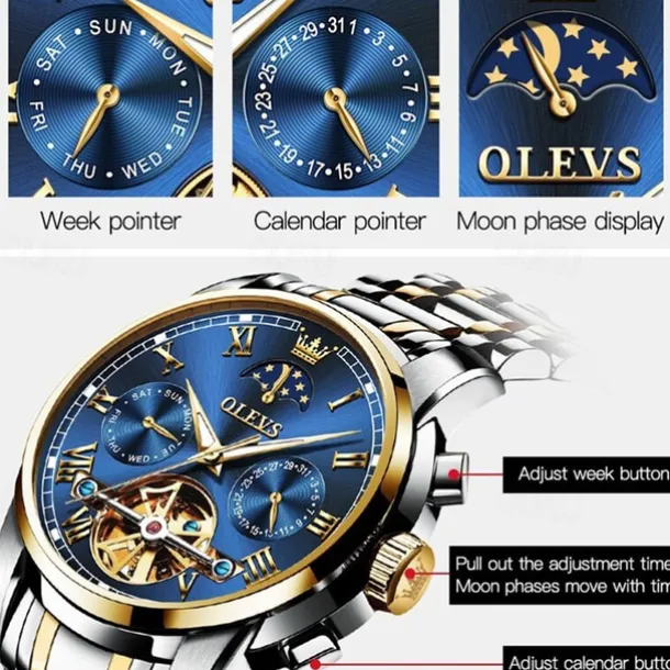 OLEVS Men Mechanical Watch Calendar Luxury Waterproof Fashion Automatic Self-winding Moon phase Luminous Stainless Steel Strap Watch