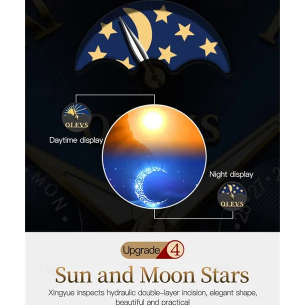 OLEVS Men Mechanical Watch Calendar Luxury Waterproof Fashion Automatic Self-winding Moon phase Luminous Stainless Steel Strap Watch