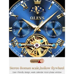 OLEVS Men Mechanical Watch Calendar Luxury Waterproof Fashion Automatic Self-winding Moon phase Luminous Stainless Steel Strap Watch