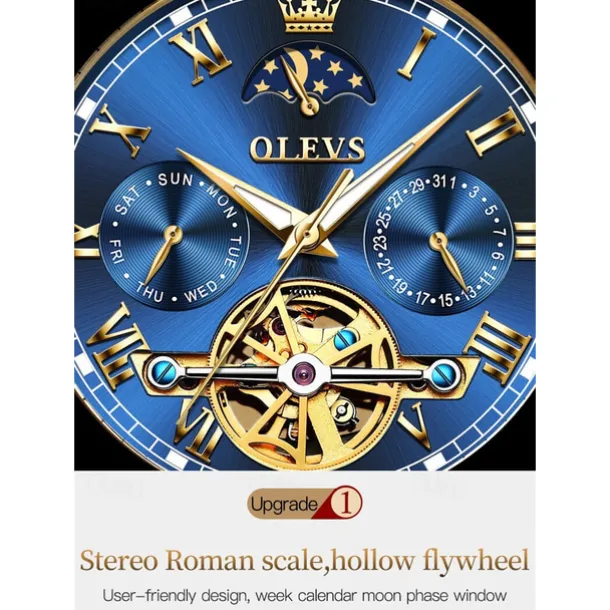 OLEVS Men Mechanical Watch Calendar Luxury Waterproof Fashion Automatic Self-winding Moon phase Luminous Stainless Steel Strap Watch