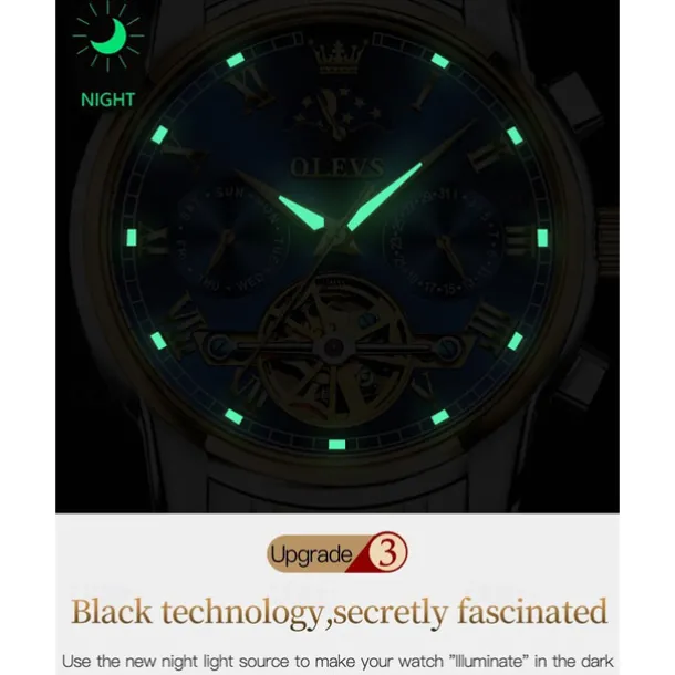 OLEVS Men Mechanical Watch Calendar Luxury Waterproof Fashion Automatic Self-winding Moon phase Luminous Stainless Steel Strap Watch