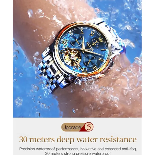 OLEVS Men Mechanical Watch Calendar Luxury Waterproof Fashion Automatic Self-winding Moon phase Luminous Stainless Steel Strap Watch