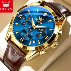 OLEVS Men Quartz Watch Fashion Casual Wristwatch Moon phase Luminous Calendar Chronograph Leather Strap Watch