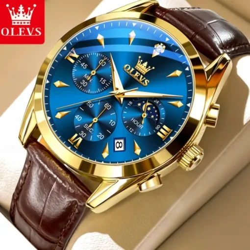 OLEVS Men Quartz Watch Fashion Casual Wristwatch Moon phase Luminous Calendar Chronograph Leather Strap Watch