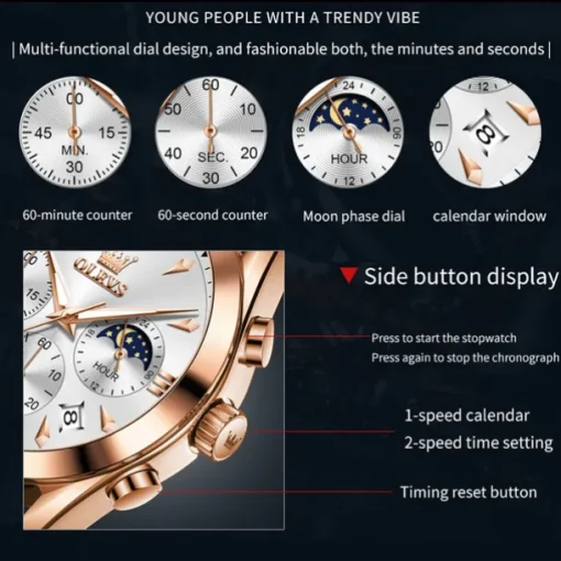 OLEVS Men Quartz Watch Fashion Casual Wristwatch Moon phase Luminous Calendar Chronograph Leather Strap Watch