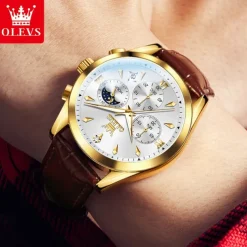 OLEVS Men Quartz Watch Fashion Casual Wristwatch Moon phase Luminous Calendar Chronograph Leather Strap Watch