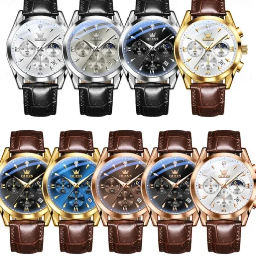 OLEVS Men Quartz Watch Fashion Casual Wristwatch Moon phase Luminous Calendar Chronograph Leather Strap Watch