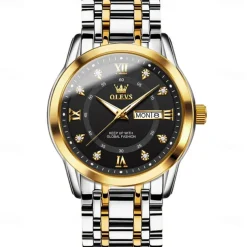 OLEVS Men Quartz Watch Fashion Business Wristwatch Luminous Calendar Date Week Waterproof Steel Watch