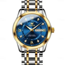 OLEVS Men Quartz Watch Fashion Business Wristwatch Luminous Calendar Date Week Waterproof Steel Watch