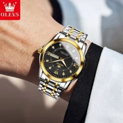 OLEVS Men Quartz Watch Fashion Business Wristwatch Luminous Calendar Date Week Waterproof Steel Watch