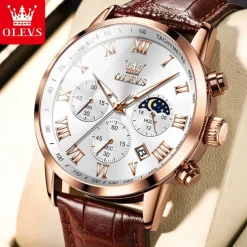 OLEVS Men Quartz Watch Outdoor Sports Fashion Wristwatch Moon phase Luminous Calendar Chronograph Leather Watch