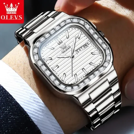 OLEVS Mens Tank Watch Minimalist Diamond Watch Fashion Dress Analog Quartz Mens Watches Rectangular Waterproof Stainless Steel Luminous with Date Watches for Men