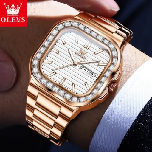OLEVS Mens Tank Watch Minimalist Diamond Watch Fashion Dress Analog Quartz Mens Watches Rectangular Waterproof Stainless Steel Luminous with Date Watches for Men